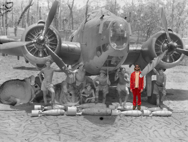 Potty Bomber poses with chinchillas and volunteers in front of a bomber plane